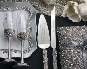 weding Champagne glasses and cake server set, Plate and forks, Wedding bearer pillow for rings, Anniversary wedding gift Bride Groom
