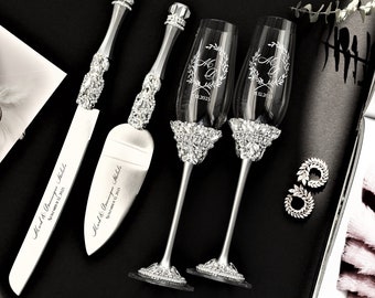 Elegant Wedding Silver flutes for bride and groom Bridal shower gifts idea cake knife server set Wedding 25th anniversary gifts for couple