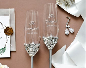 Wedding gift for bride Champagne glasses Gold Engraved toasting flutes for Bride and Groom 50th Anniversary wedding shower gift for bride