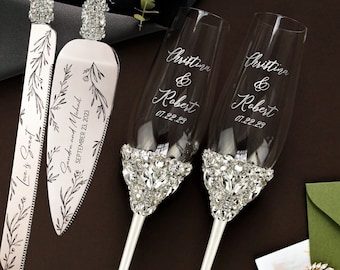 Personalized wedding gift for bride Engraving champagne flutes and cake cutting set bridal shower gift, White Toasting glasses and cake set