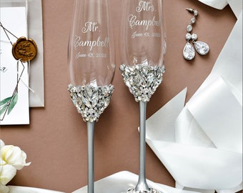 Wedding Champagne glasses and cake server set, Plate and forks, Wedding bearer pillow for rings, Anniversary wedding gift Bride Groom