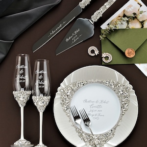 White Wedding toasting glasses and cake cutting set, white champagne flutes and cake set, plate forks, anniversary wedding gift for couple