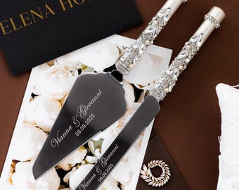 White Cake Cutting Set for bride and groom Personalized Cake server set bridal shower gift engraved Cake cutter knive cutter engagement gift
