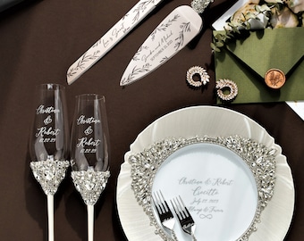 Personalized Wedding glasses and Cake Server Set Wedding cake knife plate forks Gold Personalized glasses Cake cutting Wedding set of7