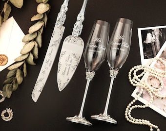 Wedding shower gifts ideas champagne flutes for bride and groom cake cutting set Silver toasting glasses 30th Anniversary wedding gifts