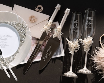 Pearls wedding glasses for bride and groom Bridal shower gift Pearls Champagne flutes wedding cake cutter and server set engagement gifts