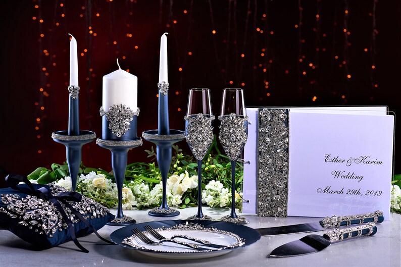 NAVY Wedding glasses and cake server set Plate Forks Unity candles and holders Guestbook Bearer pillow Champagne set of 15