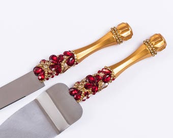 Personalisiertes Hochzeitstortenheber-Set, Burgunderrot und Gold, Hochzeitstortenmesser-Schneidset, Burgunderrot und Gold, Hochzeitstortenheber, Kuchenmesser-Set mit 2 Stück