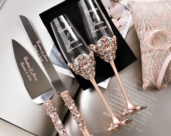 ROSE GOLD Wedding glasses and Cake Server Set cake knife rose gold bride and groom wedding toasting flutes wedding flutes cake set, set of 4