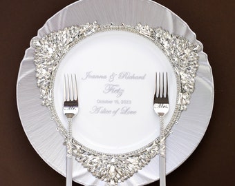 Personalized silver wedding plate and forks, Engraved cake dish and forks