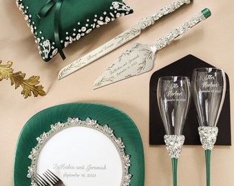 Emerald Green Wedding glasses for Bride and Groom, 25th Anniversary Emerald champagne flutes cake cutting set Bridal shower gifts for bride