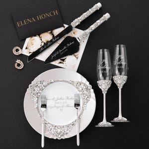 White Wedding toasting glasses engraved cake cutting set, white champagne flutes for bride and groom, plate forks, anniversary wedding gifts