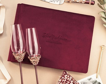 Burgundy wedding toasting glasses engrave cake server set Rose gold guestbook personalized Bridal shower gift Wedding bearer pillow for ring