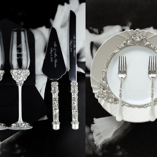 Ivory and Gold Wedding Toasting Glasses and Cake Cutting Set Etsy