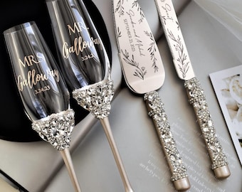 Wedding champagne flutes and Cake Server Set Engraved toasting glasses for bride and groom bridal shower gift engagement anniversary