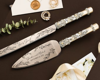 Personalized Wedding decoration Cake Server Set Wedding shower gift Cake Knife Cutting Set gold Wedding anniversary Cake Server cake knife