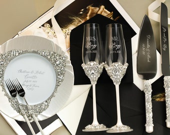 Engraved champagne flutes ans cake cutter set plate and forks Bearer pillow for rings Wedding toasting glasses cake set Plate Pillow Set of8