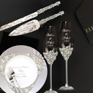 Personalized gifts Wedding glasses for Bride and Groom Cake Server Set Wedding plate forks Gold 50th Anniversary champagne flutes engraved Silver