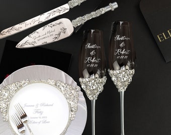 Personalized Wedding glasses for Bride and Groom Cake Server Set Wedding plate forks Gold Anniversary champagne flutes engraved Cake cutting