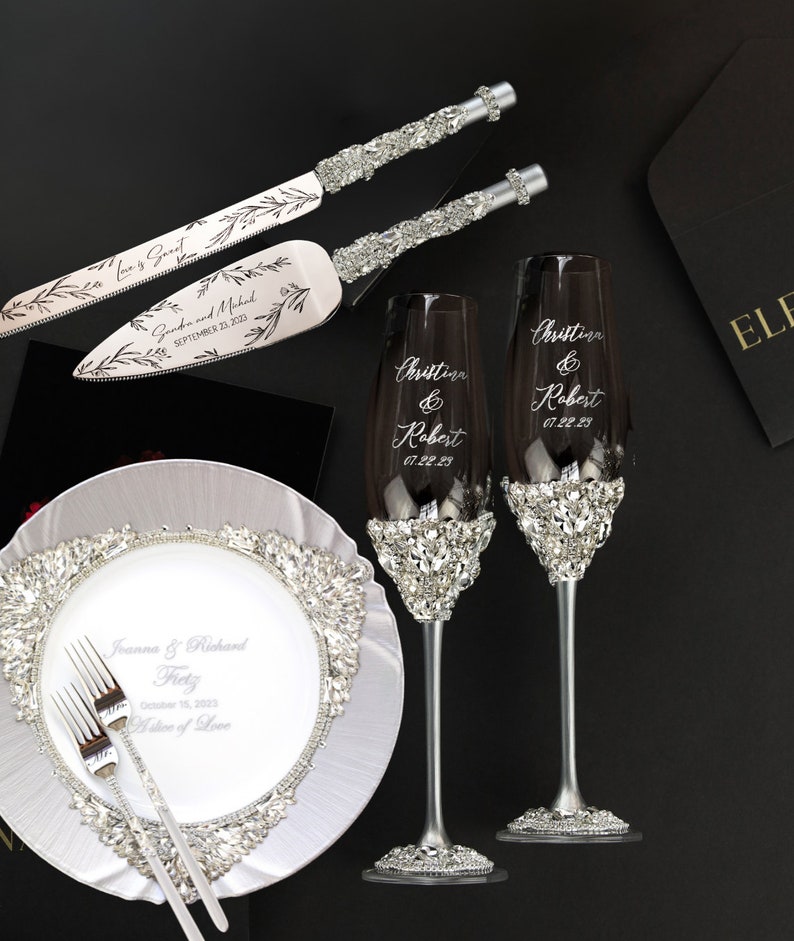 Personalized gifts Wedding glasses for Bride and Groom Cake Server Set Wedding plate forks Gold 50th Anniversary champagne flutes engraved Silver