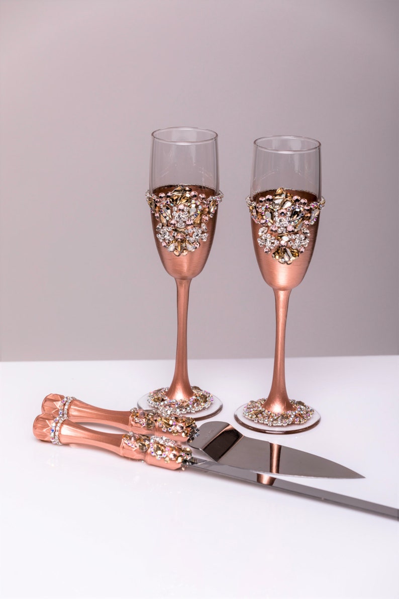 Rose Gold Wedding Glasses And Cake Server Set Cake Knife Rose Etsy