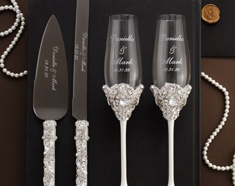 wedding champagne flutes and cake cutting set, Plate and forks, toasting flutes and cake cutting set, Anniversary wedding gift Bride Groom