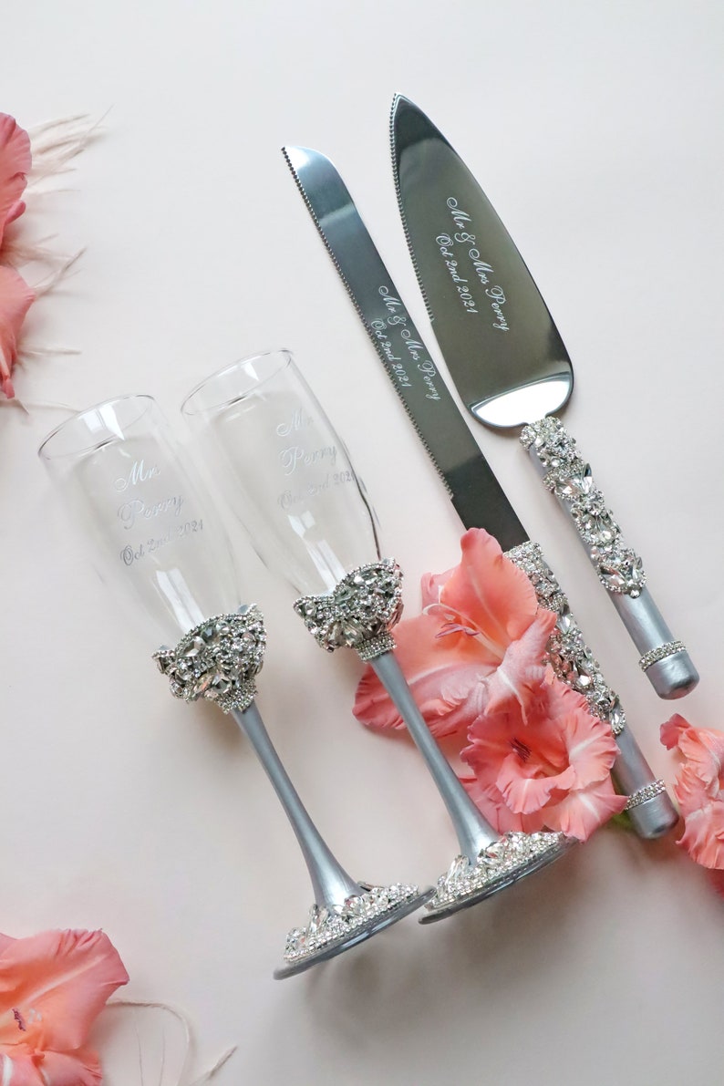 Wedding Champagne Flutes and Cake Server Set Wedding Etsy