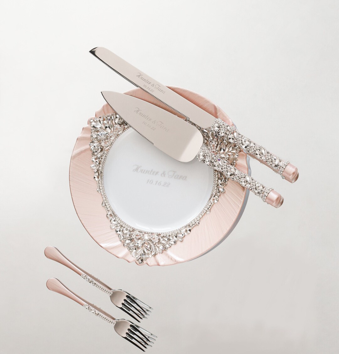Blush Wedding Cake Cutting Set, Plate and Forks, Cake Server and Knife ...