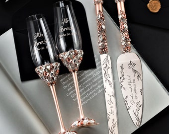 Wedding glasses and Cake Server Set Wedding shower gifts Cake Knife Cutting Set Toasting flutes and cake server set, wedding gifts for bride