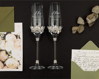 Personalized wedding flutes for bride and groom cake cutting set silver toasting glasses engraved cake set 30th Anniversary wedding gifts