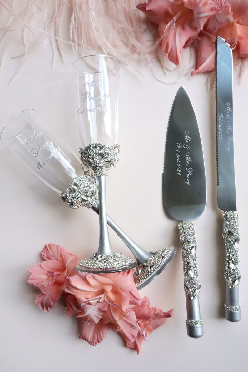 Wedding Champagne Flutes and Cake Server Set Wedding Etsy
