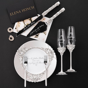 White Wedding toasting glasses and cake cutting set, white champagne flutes and cake set, plate forks, anniversary wedding gift for couple