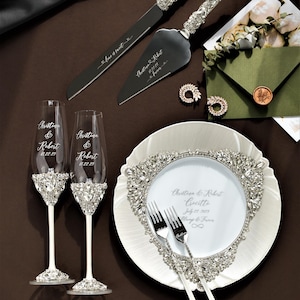 White Wedding toasting glasses and cake cutting set, white champagne flutes and cake set, plate forks, anniversary wedding gift for couple