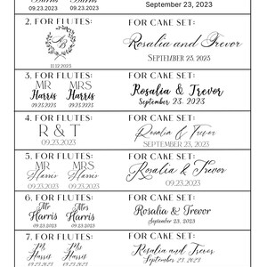 May include: A black and white design options sheet for engraving. The text includes options for flutes and cake sets, with names and dates. The sheet features various font styles and layouts for personalization.