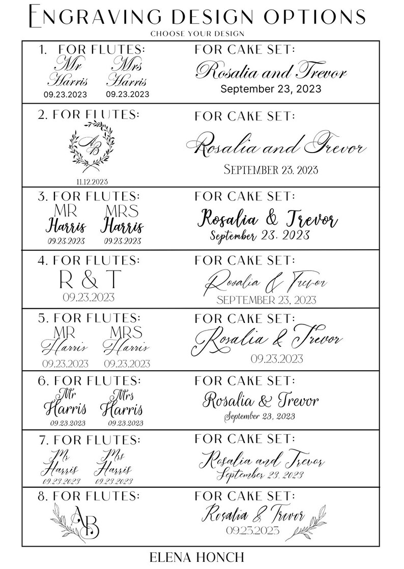 May include: A black and white design options sheet for engraving. The text includes options for flutes and cake sets, with names and dates. The sheet features various font styles and layouts for personalization.