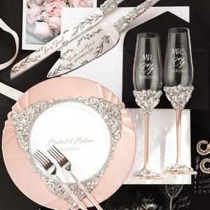 Personalized gifts Wedding glasses for Bride and Groom Cake Server Set Wedding plate forks Gold 50th Anniversary champagne flutes engraved Blush & Silver