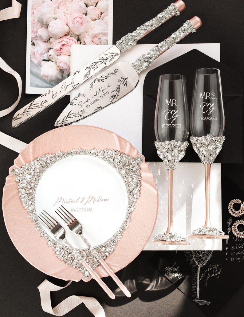 Personalized gifts Wedding glasses for Bride and Groom Cake Server Set Wedding plate forks Gold 50th Anniversary champagne flutes engraved Blush & Silver