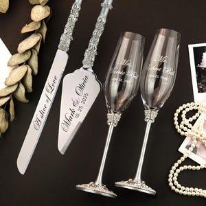 Wedding glasses for bride and groom silver champagne flutes bridal shower gift for couple Engraved cake server knife set personalized cutter