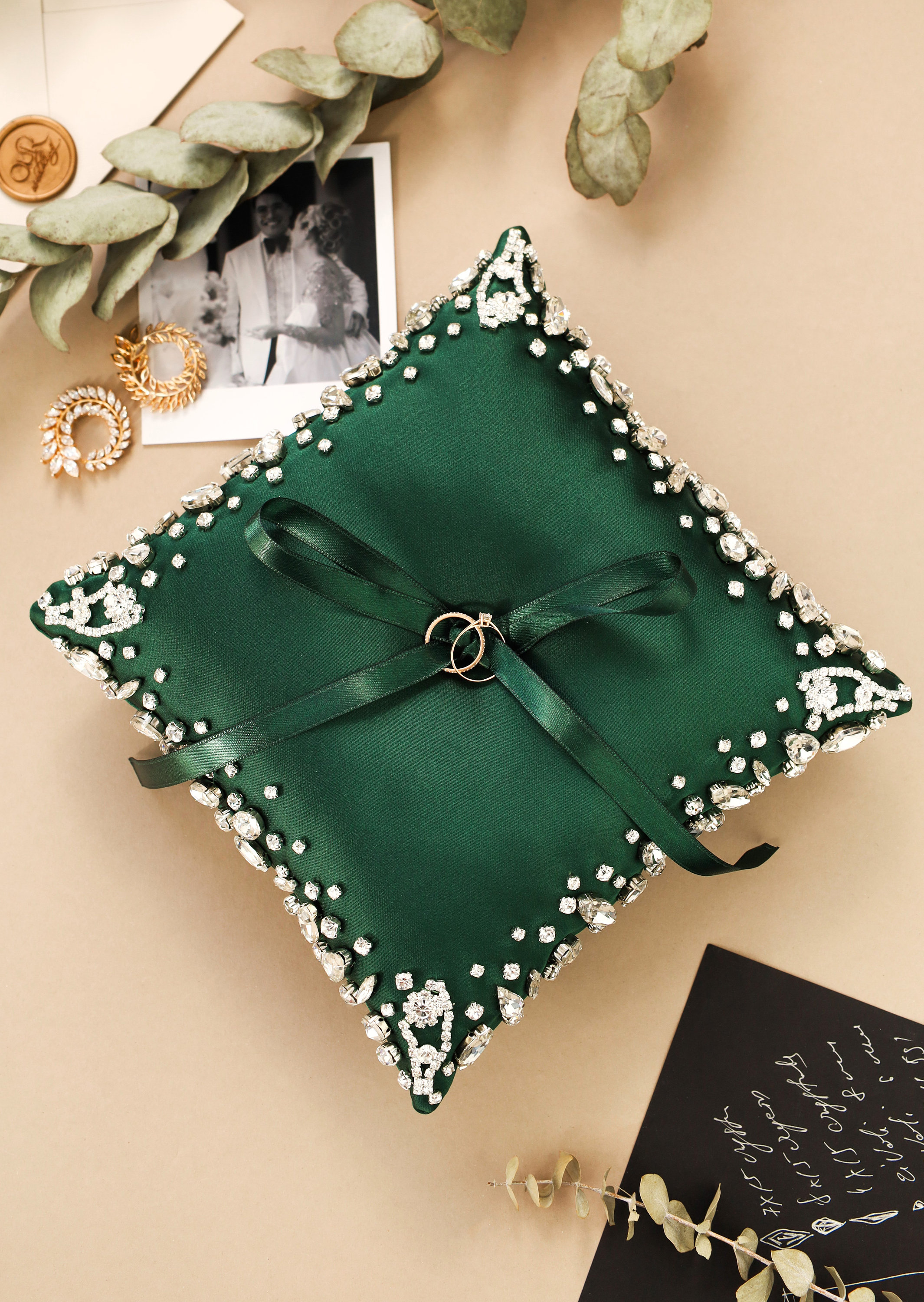 Emerald wedding dearer pillow for rings with rhinestones Gold Ring Bearer Pillow Gift for bride Olive green Wedding ceremony rings