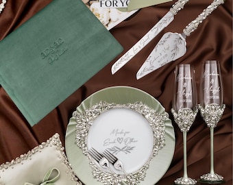 Eucalyptus champagne glasses bride groom olive cake cutting server sage green engraved toasting glasses custom gifts wedding bridal shower