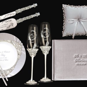 Silver Wedding toasting glasses for bride and groom cake cutting set, bridal shower gifts champagne flutes engraved cake server set elegant