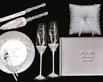 Zilveren bruiloft roosterglazen voor bruid en bruidegom taart snijset, bruids douche geschenken champagne fluiten gegraveerde taartserver set elegant