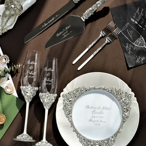 White Wedding toasting glasses and cake cutting set, white champagne flutes and cake set, plate forks, anniversary wedding gift for couple