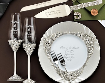 Copas de boda grabadas para novios, regalo personalizado para parejas, copas de champán, juego para cortar pastel blanco, regalo de aniversario, despedida de soltera.