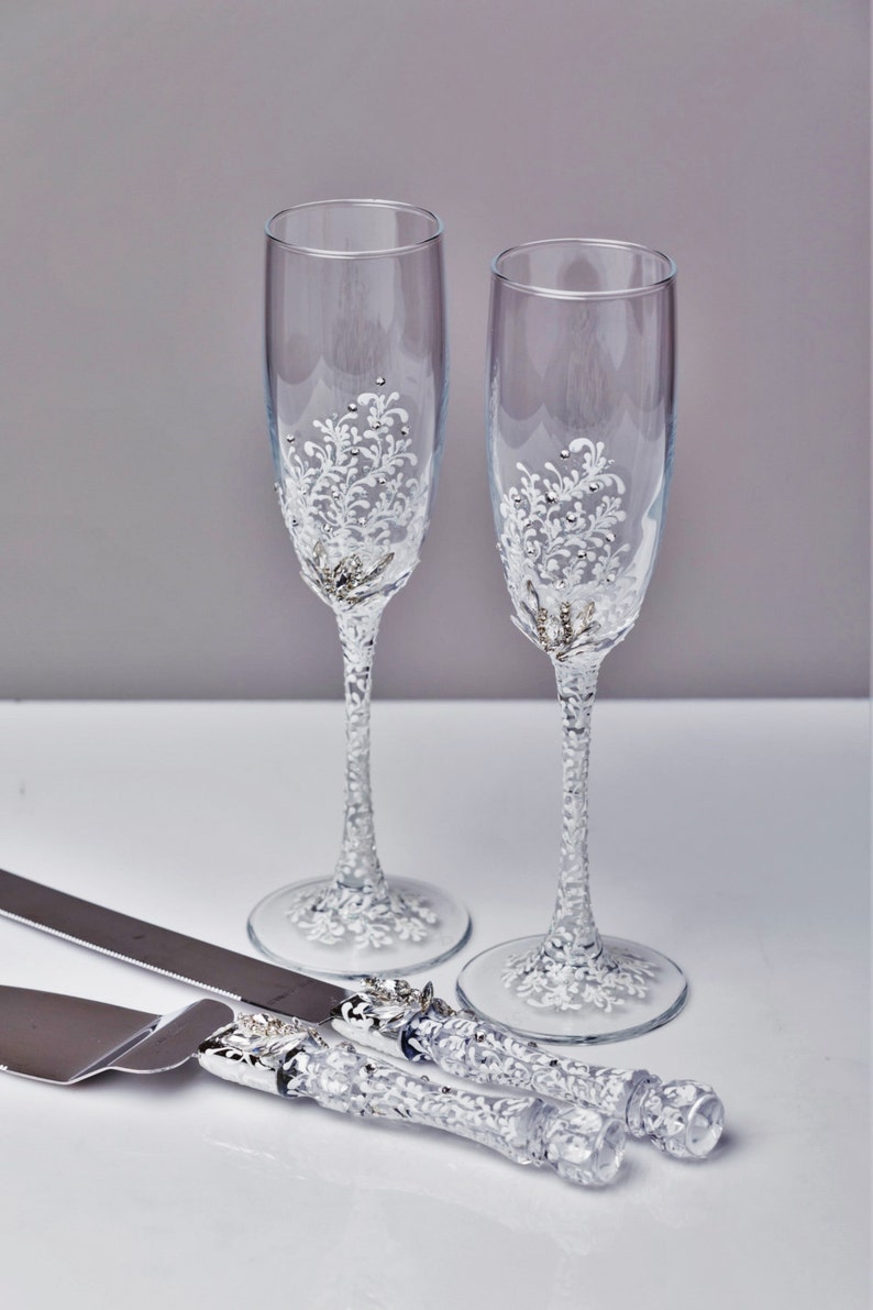 white wedding glasses and
