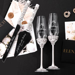 White Wedding toasting glasses and cake cutting set, white champagne flutes and cake set, plate forks, anniversary wedding gift for couple