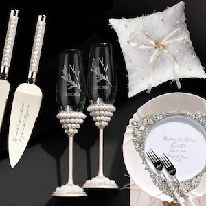 White Pearls wedding glasses for bride and groom cake cutting set, bridal shower gifts champagne flutes engraved cake server wedding gifts
