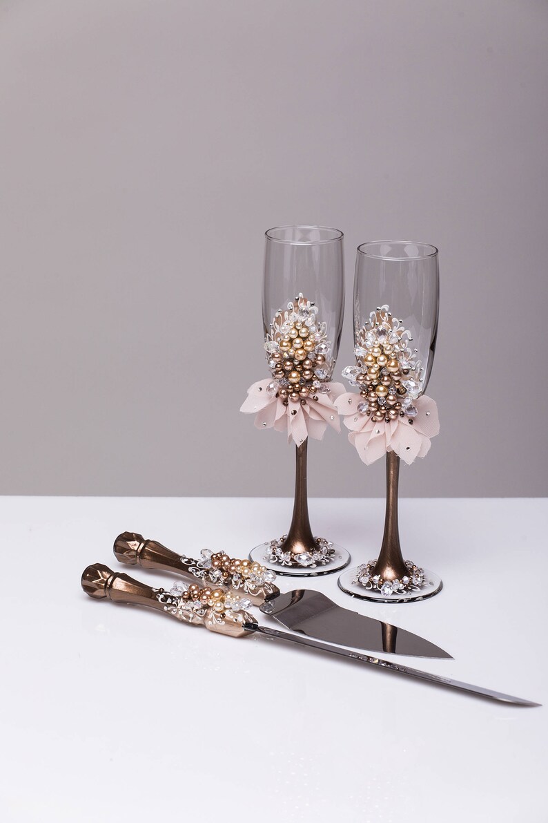 Wedding glasses and cake server set pearl Champagne flutes Etsy