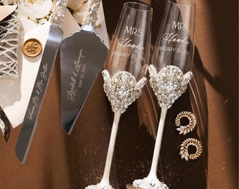 Copas de boda personalizadas para novios, juego de corte de pastel, copas de brindis de perla, juego de pastel grabado, regalos de boda para el 30.º aniversario