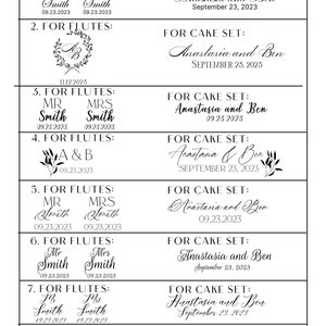 May include: A white graphic with eight engraving design options for flutes and cake sets. Each option includes names and dates, with variations in font and layout. The text "ENGRAVING DESIGN OPTIONS" is at the top.